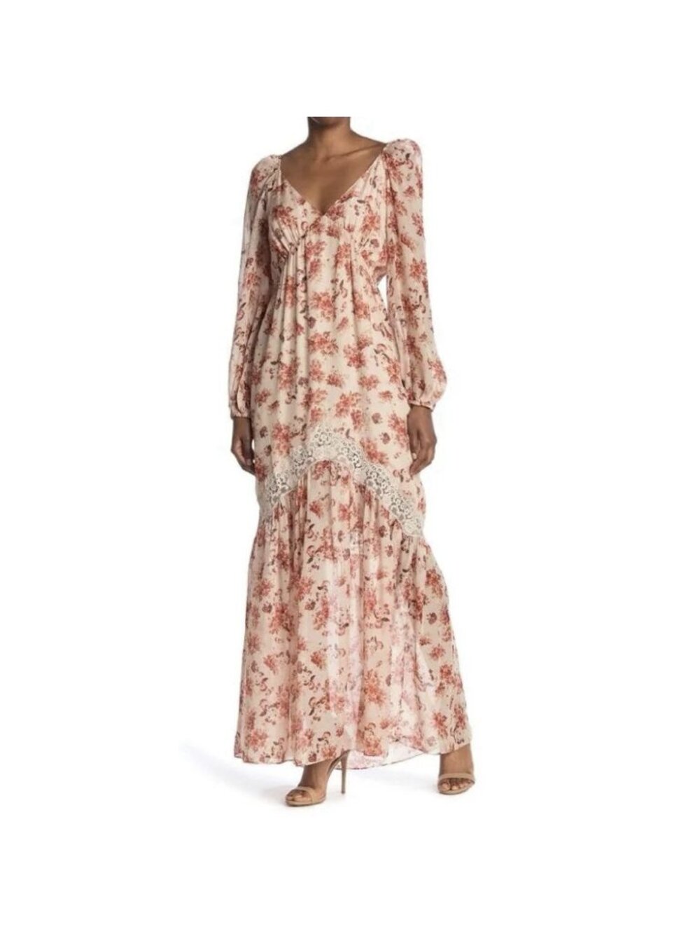 Cami NYC Francie Lace Trimmed Pink Floral Silk Maxi Dress Long Sleeve Sz Large